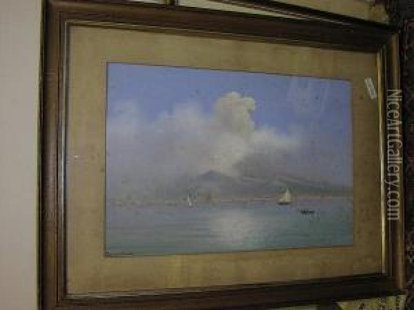 Vesuvius Erupting Over The Bay Of Naples, And Companion Of The Mountain And Bay By Day Oil Painting - Antonio Coppola