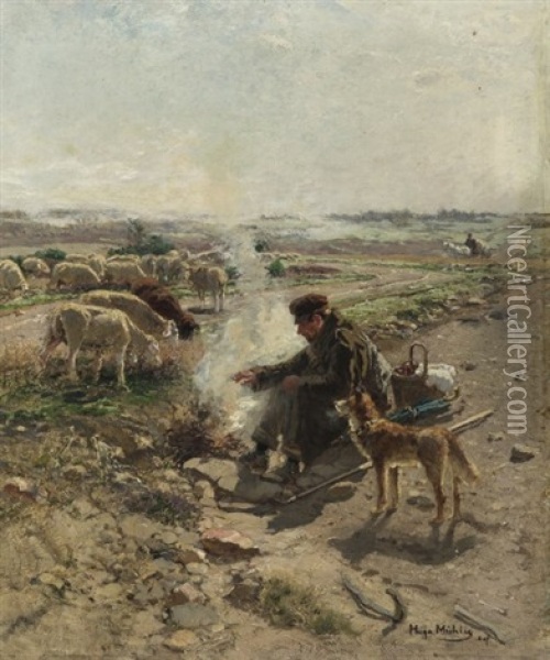 Schafhirte Mit Hund An Lagerfeuer. Im Hintergrund Links Seine Grasende Herde Oil Painting - Hugo Muehlig