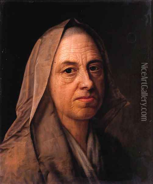 A study of an old woman, head and shoulders, wearing a veil Oil Painting - Balthasar Denner