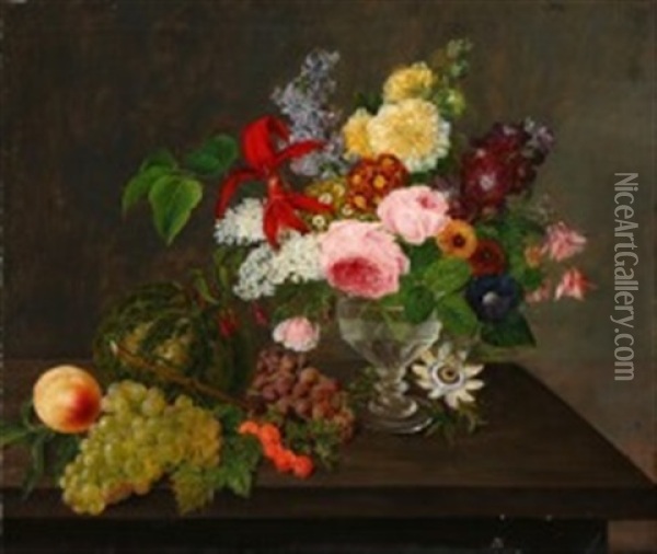 Still Life With Summer Flowers In A Vase And Grapes, Melon, Peach And Gooseberries On A Table Oil Painting - Johannes Ludwig Camradt
