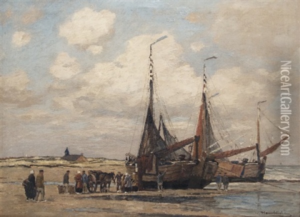 Fishermen At The Boats Oil Painting - Wilhelm Hambuechen