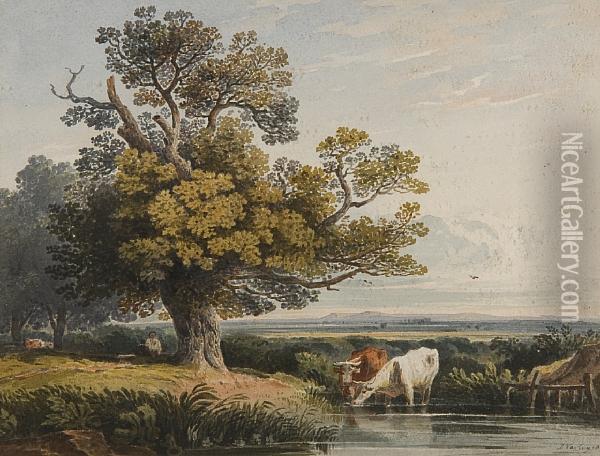 Cattle Watering In A Landscape Oil Painting - John Varley