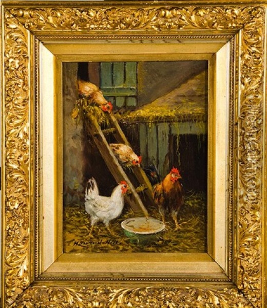 Chicken In Barnyard Oil Painting - Howard L. Hill