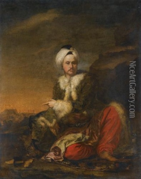 Portrait Of A Merchant Of The Levant Company In Turkish Dress, A View Of Aleppo Beyond Oil Painting - Andrea Soldi