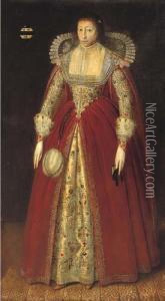 Portrait Of A Lady, Said To Be 
Lady Style, Full-length, In A Red Dress With Elaborately Embroidered 
Under-skirt And Lace Collar And Cuffs, Holding A Prayer Book In Her Left
 Hand, In An Interior Oil Painting - Robert Peake