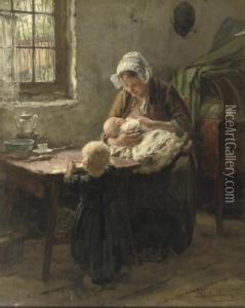 Feeding The Baby Oil Painting - Hendrik Valkenburg