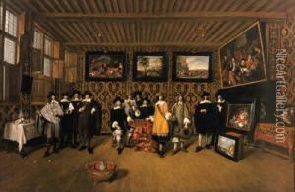 A Group Portrait Of Twelve Gentlemen In An Interior Oil Painting - Gillis van Tilborgh