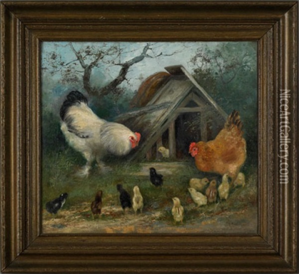 Scene Of A Hen And Chicks Oil Painting - Mary B. Leisz