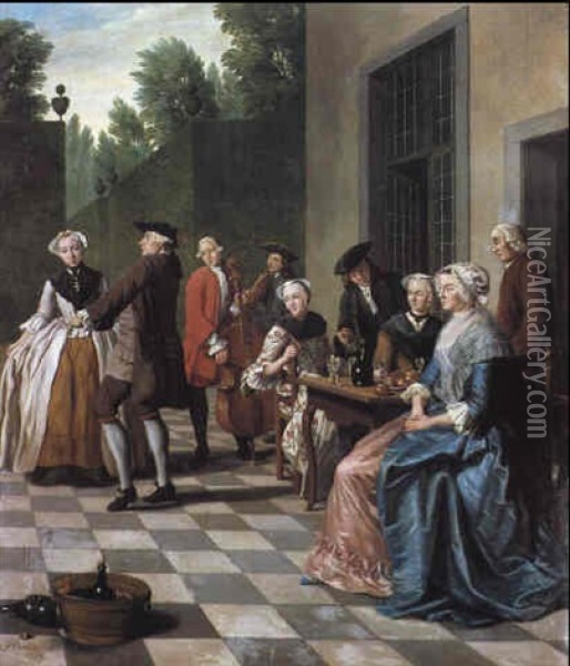 Dancing In A Courtyard Oil Painting - Jan Josef Horemans the Younger