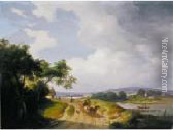 Flusslandschaft (river Landscape) Oil Painting - Ignaz Raffalt
