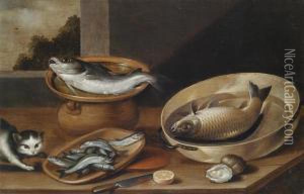 Still Life With Fish And A Cat Oil Painting - Pieter Van Boucle