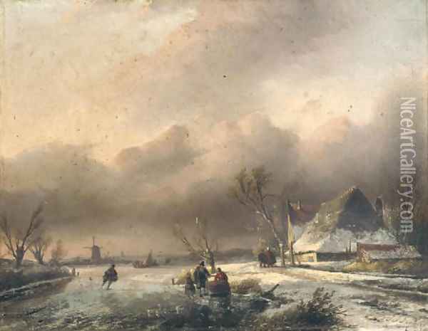 A Dutch winter landscape with villagers on the ice Oil Painting - Jan Jacob Spohler