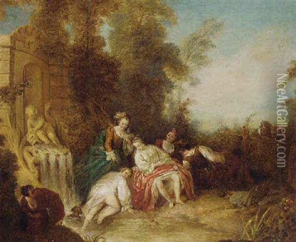 Ladies Bathing At A Fountain With Onlookers By A Fence Oil Painting - Jean-Baptiste Pater