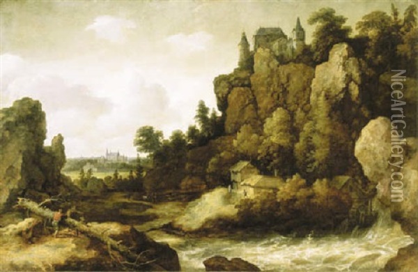An Extensive Nordic River Landscape With Figures By A Fallen Tree, A Castle On A Clifftop And A Distant City Beyond Oil Painting - Allaert van Everdingen