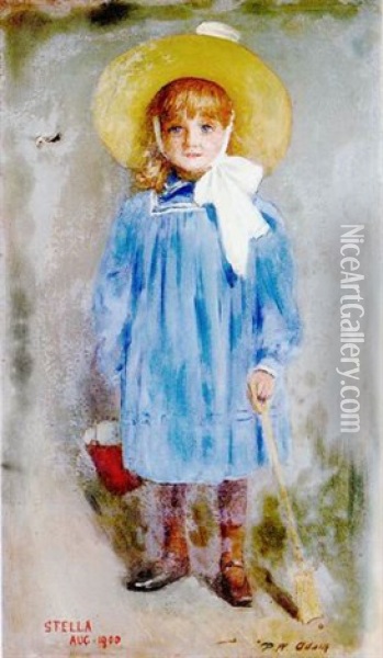 Stella, Portrait Of A Little Girl In A Blue Dress, Straw Hat And Bucket And Spade Oil Painting - Patrick William Adam