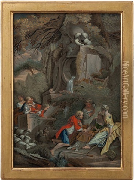 Zwei Schaferszenen In Parklandschaft Mit Antikisierenden Statuen Und Ruinen (2 Works) Oil Painting - Franz Thaddaeus Menteler the Elder