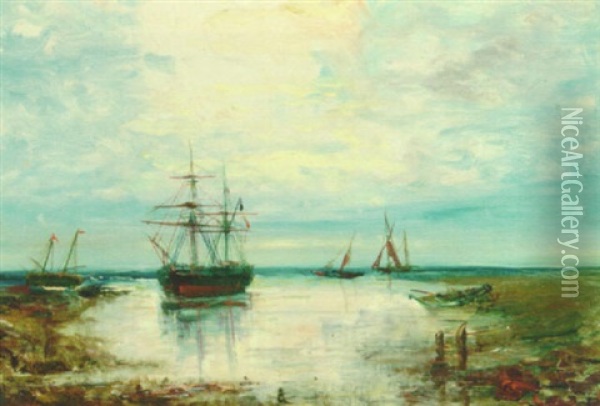 Opankrede Skibe Ved Kysten Ved Solnedgandstid Oil Painting - Edouard-Jacques Dufeu