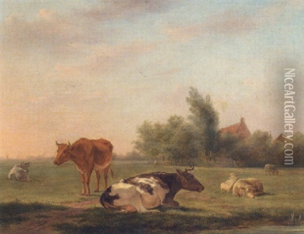 Cattle And Sheep In A Landscape Oil Painting - Johannes I Janson
