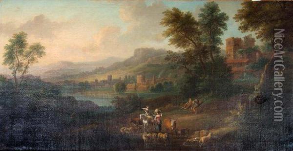 An Extensive Landscape With Figures Oil Painting - Isaac de Moucheron