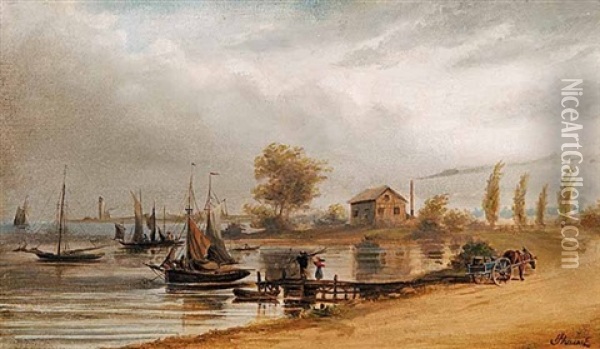 Untitled - Boats At Harbour (+ Untitled - The Settler's Home; 2 Works) Oil Painting - Joseph Julius Humme