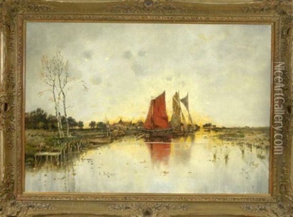 Uferlandschaft Mit Segelbooten Im Abendrot Oil Painting - Karl Heffner