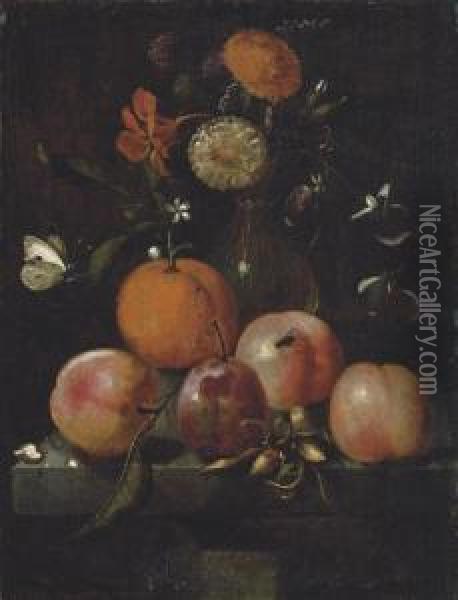 Plums, An Orange, A Cabbage White Butterfly And Flowers In A Glassvase On A Stone Ledge Oil Painting - Marten Nellius