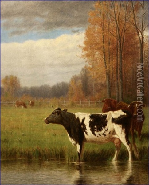 Cows In Pastoral Autumn Landscape Oil Painting - Clinton Loveridge