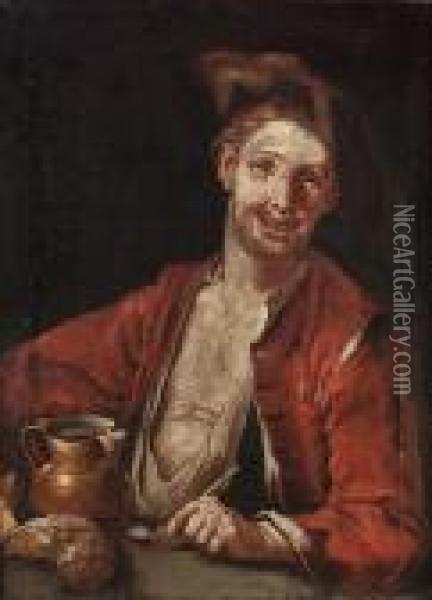A Peasant Man Sitting At A Table With A Jug And Pipe Oil Painting - Giacomo Francesco Cipper
