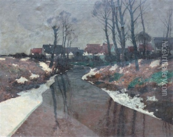 Paysage Au Ruisseau, Effets De Neige Oil Painting - Carl Kuestner