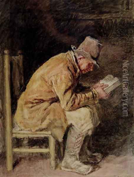 Study of a Countryman Reading Oil Painting - William Henry Hunt