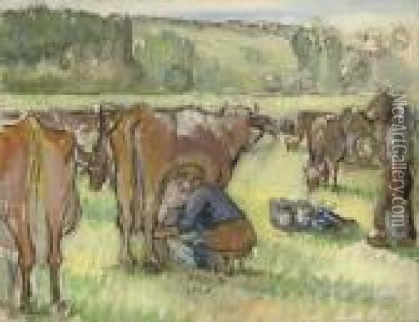 La Traite Des Vaches Oil Painting - Camille Pissarro