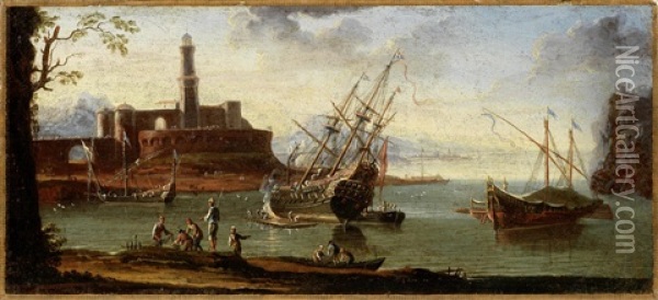 Fishermen And Other Figures In A Mediterranean Coastal Landscape Unframed Oil Painting - Adriaen Van Der Cabel