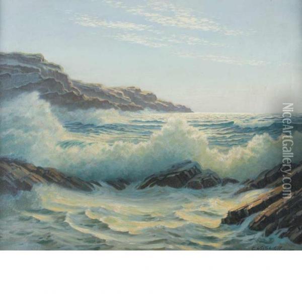 Waves Crashing On A Rocky Coast Oil Painting - Constantin Alexandr. Westchiloff