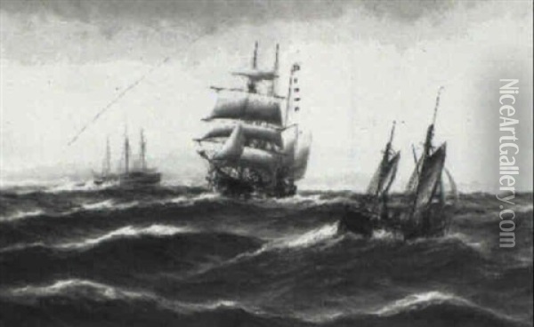 Sailing Vessels Out In Choppy Seas Oil Painting - Alfred Serenius Jensen