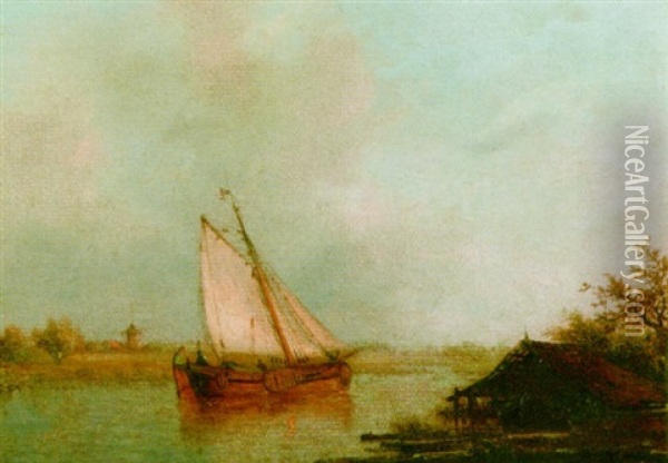 A Sailing Vessel In An Estuary Oil Painting - Wilhelm Georg Wagner