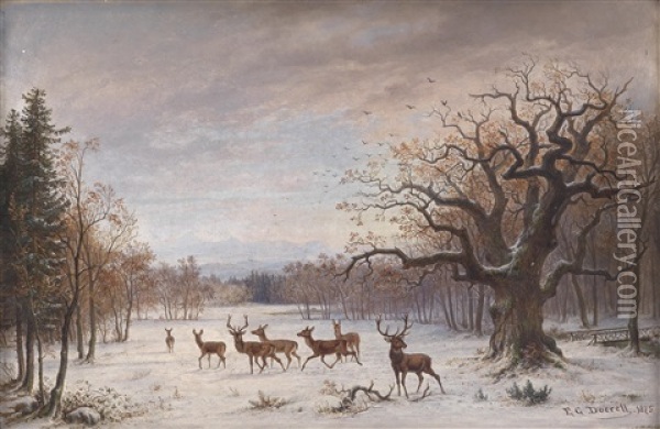 Rotwild Im Winter Oil Painting - Ernst Gustav Doerell