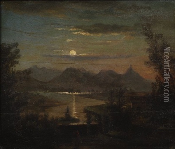 Alpenlandschaft Im Mondschein (salzach Bei Salzburg?) Oil Painting - Franz Wilhelm Leuteritz