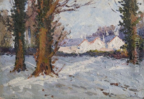 Snowy Landscape With Buildings' And 'a Wintry Wooded Lake Scene Oil Painting - Hans (Jean) Iten