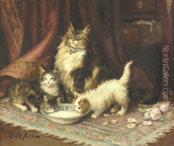Chatte Et Ses Chatons Oil Painting - Jules Leroy