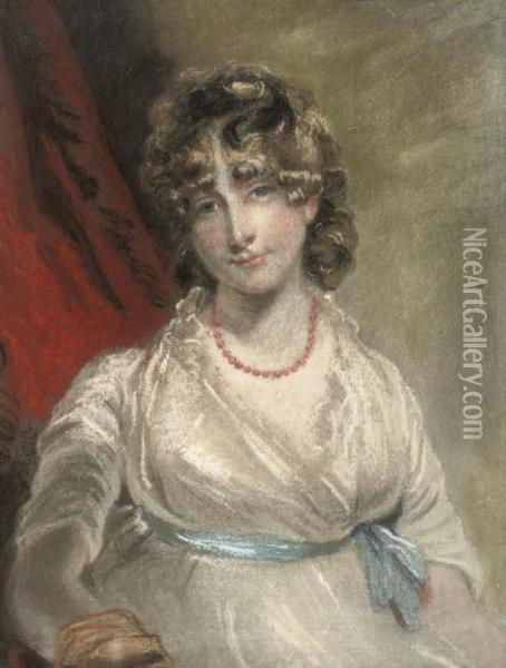 Portrait Of Mrs Arabella Bouverie, Half-length, With A Blue Ribbon Oil Painting - John Raphael Smith