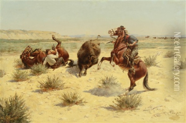 Buffalo Attack Oil Painting - Herman Wendelborg Hansen