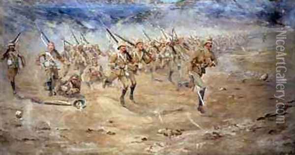 Return of the Fore and Aft Gloucestershire Regiment advancing to the attack India North West Frontier Oil Painting - Edward Matthew Hale