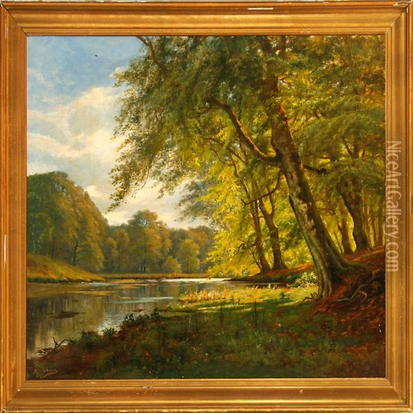 Glade At A Forest Lake Oil Painting - A. G. Jacobsen