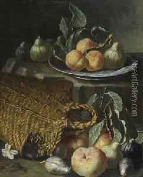 Still Life With Woven Bag, Apple, Pear, Figs And Peach. Oil Painting - Pietro Navarra