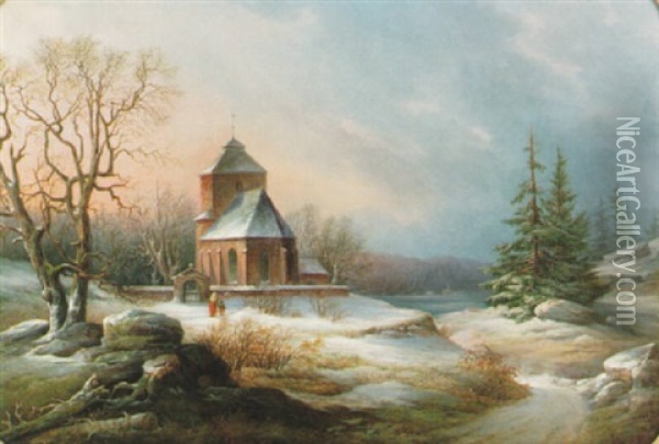 Vintermotiv Med Figurer Vid Kyrka, Aftonrodnad Oil Painting - Lars Theodor Billing