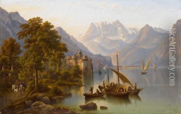 Ansicht Vom Genfer See Mit Schloss Chillon Oil Painting - Heinrich Jaeckel