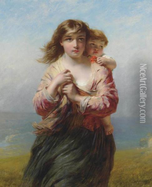 Mother And Child On A Hillside Overlooking The Sea Oil Painting - James John Hill