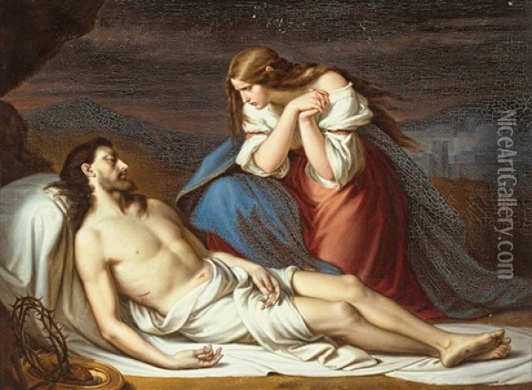 Maria Magdalena Vor Dem Leichnam Christi Oil Painting - Julius (Rudolf Jul. Benno) Huebner