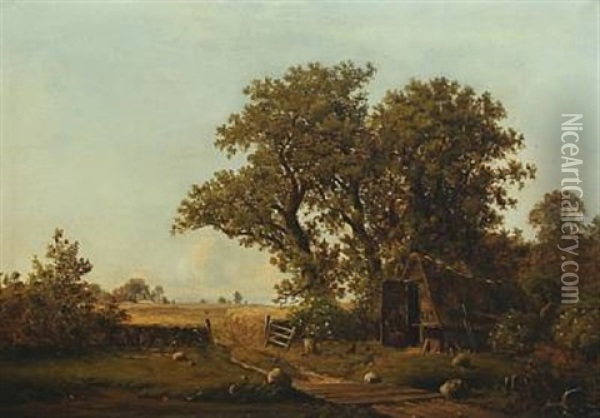 A Cottage Near Old Oak Trees And Cornfields Oil Painting - Peter (Johann P.) Raadsig