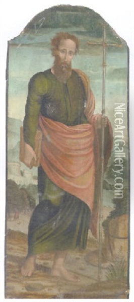 A Male Saint Holding A Cross, A Landscape Beyond Oil Painting - Raffaelino del Garbo